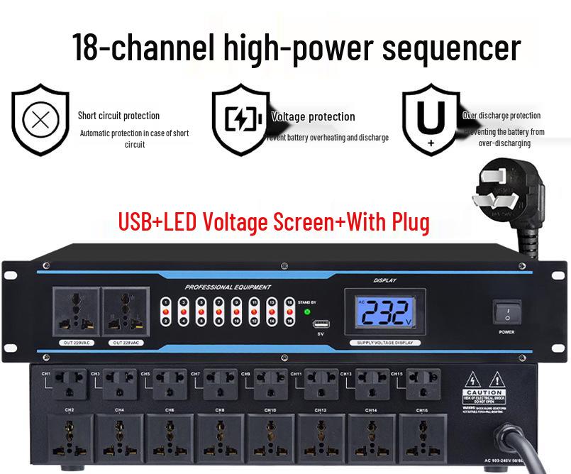 Universal Sequencer Power Controller with 8, 9, 10, 16-Socket Protection for Stage, Conference, and KTV.