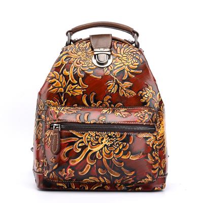 Flowers 3D Embossing Genuine Leather Women Backpacks Vintage Design Cow Leather Backpack Bags