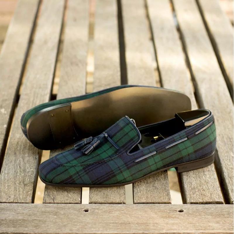 Mode Slipper Herren Karomuster Quaste Wildleder Braun Eckige Zehenpartie Party Hochzeitsschuhe für Herren mit Herrenschuhe