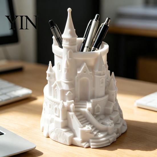 Unique Pen Stand Castle Shape Holder, 3D Printed Desk Organizer for Pens, Pencils, Carved Holder Makeup Brushes, Decorative Pencil Storage Cup