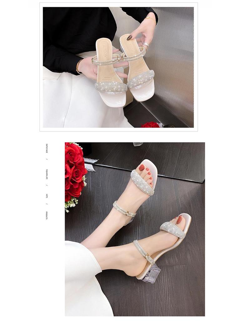 Sandale cu toc mediu și strasuri pentru femei, stil coreean - Papuci de modă Fairy 2024