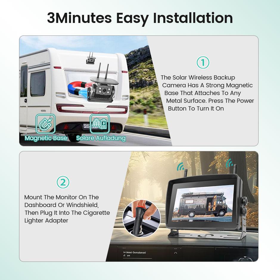 Solar Energy 7'' DVR Recording Monitor Wireless Touch Screen Reverse Backup Camera Dual Antenna For Camper/Truck/Trailer/RVs/Bus