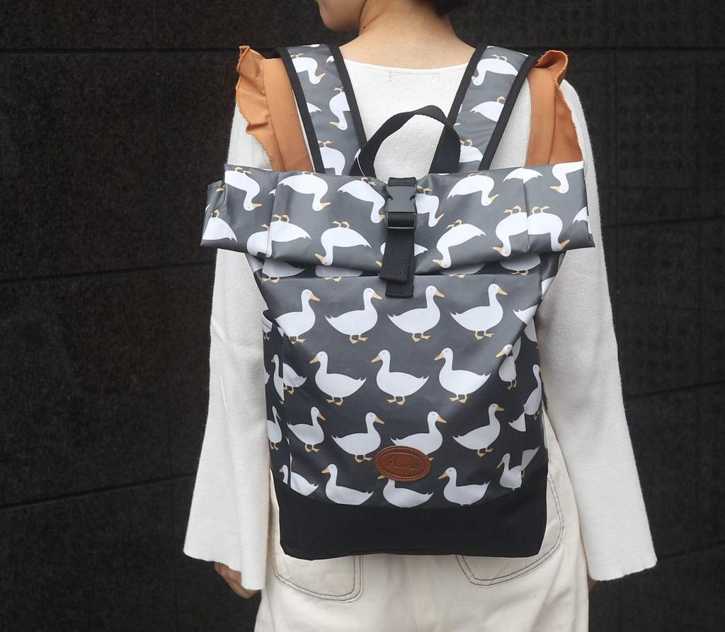 Marushin Anorak Roll-Top Backpack, H44 x W25.5 x D12cm, Waddling Ducks, with abrasion- and water-resistant vinyl coating, product number 6025006000