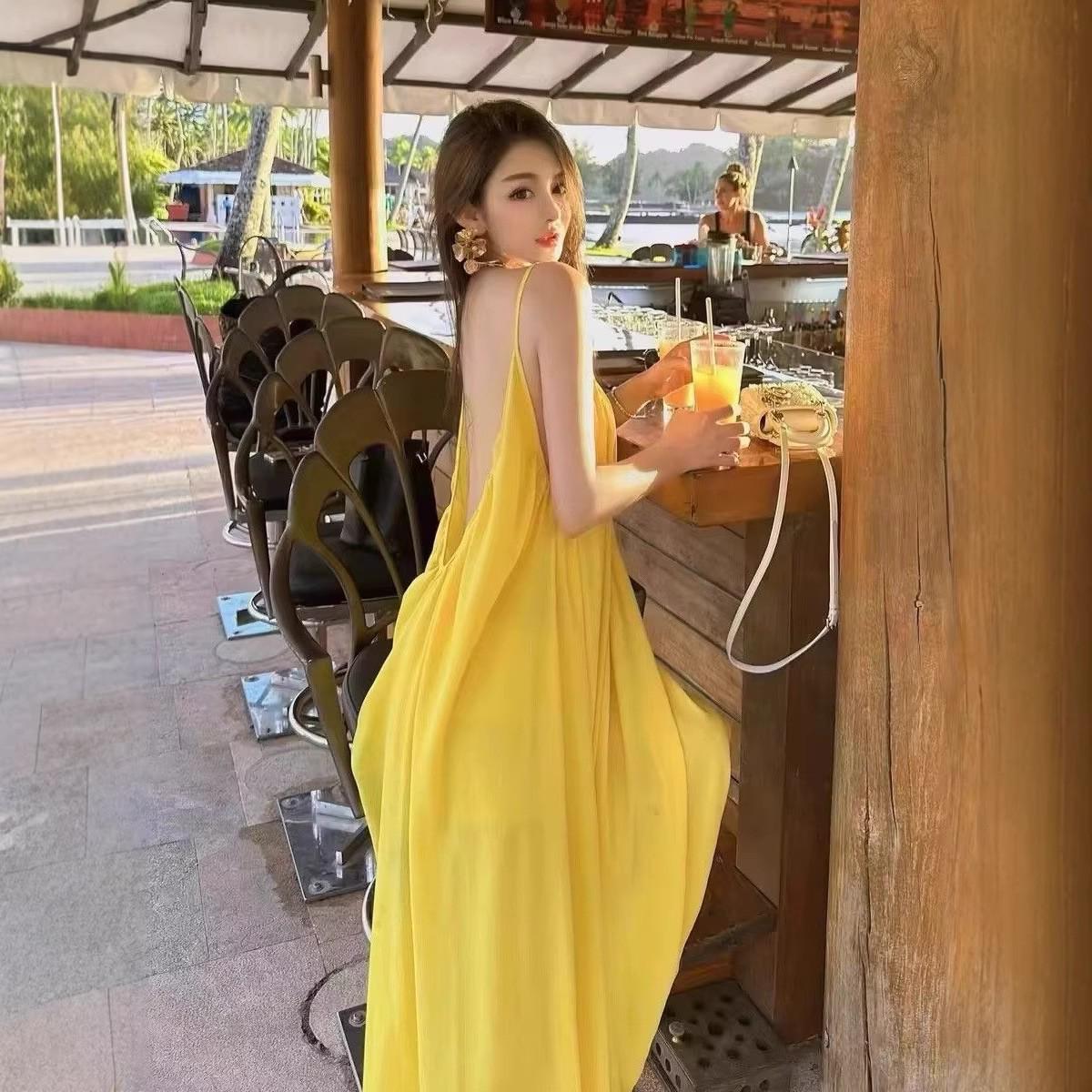 Elegant Yellow Backless Spaghetti Strap Summer Dress for Women M
