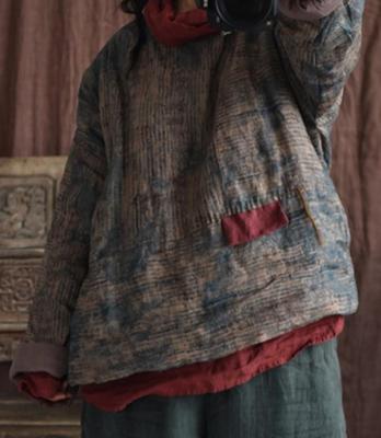 Women Linen Print Floral Parkas Spring Coats Long Sleeve O-Neck Clothes Vintage Women Parkas