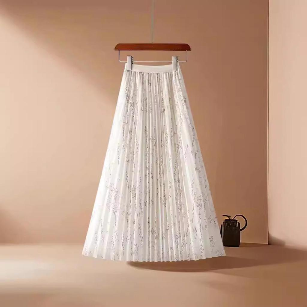 Elegant High-Waist Calligraphy Print Mid-Length Skirt