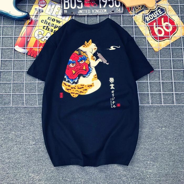 Japanese Trendy Brand Prajna Lucky Cat Tattoo Tattoo Printed Locomotive Short-sleeved T-shirt Men's and Women's Pure Cotton