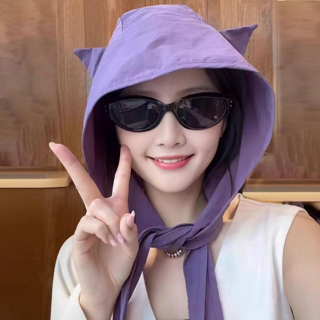 Women Cat Ear Devil Hooded Sun Protection Quick Dry Scarf Hat фиолетовый