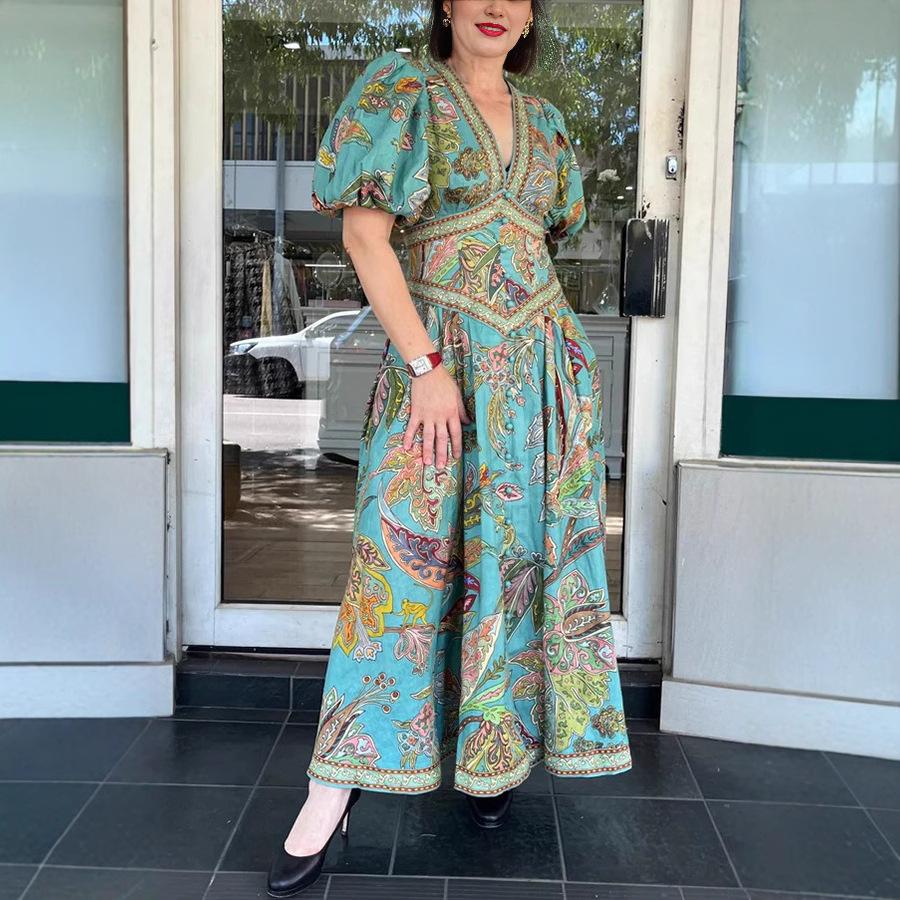 

Elegant V-Neck Floral Print Maxi Dress with Puff Sleeves, Boho Chic Women s Long Dress S