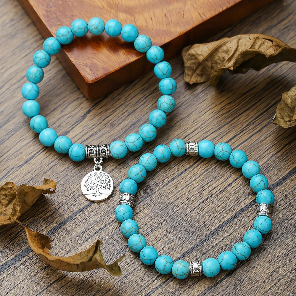 Turquoise Bracelet Tree of Life Pendant Bracelet 8mm White Turquoise Bracelet Two-piece Set