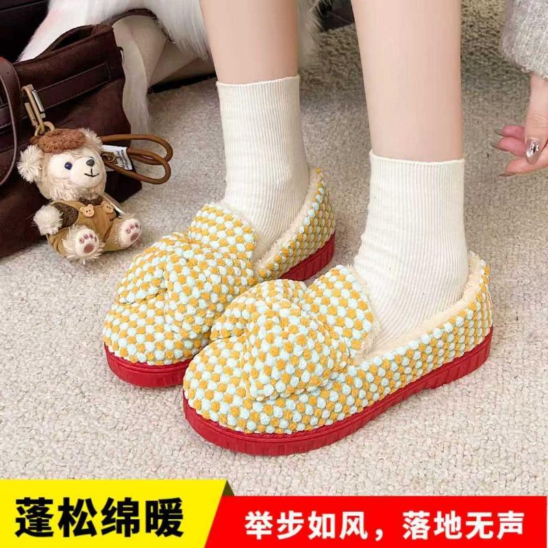 New winter home shoes plaid cute bow cloth shoes non-slip thickened casual lightweight wear-resistant indoor cotton shoes