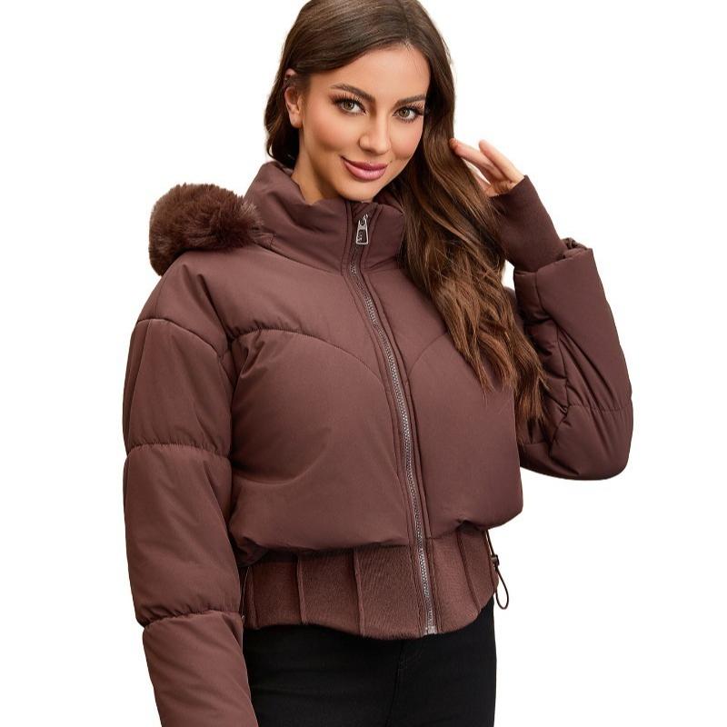 Inverno Giacca Corta Imbottita in Cotone con Cappuccio e Grande Collo in Pelliccia da Donna, Spessa e Calda, con Design in Vita