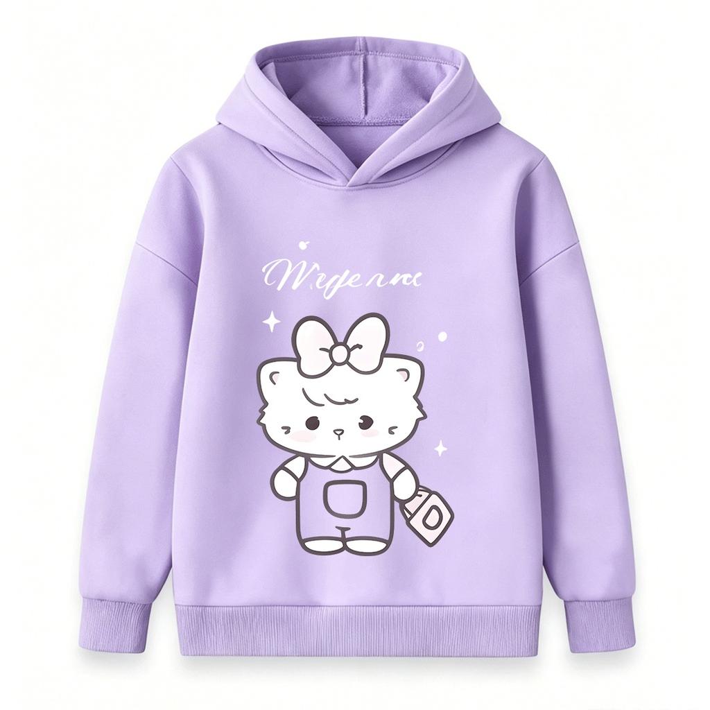 Cute Cartoon White Kitten Print Kids Hoodie, Soft Cozy Pullover Sweatshirt for Boys Girls, Casual Long Sleeve Top for Daily Wear Autumn Winter