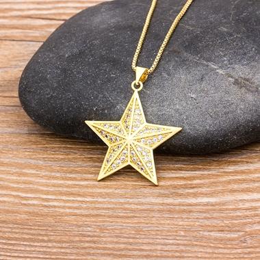 Nidin Hot Sale Star Shape Pendant Necklace For Women Girls Luxury Crystal Statement Necklace Copper Zircon Lucky Jewelry Gifts