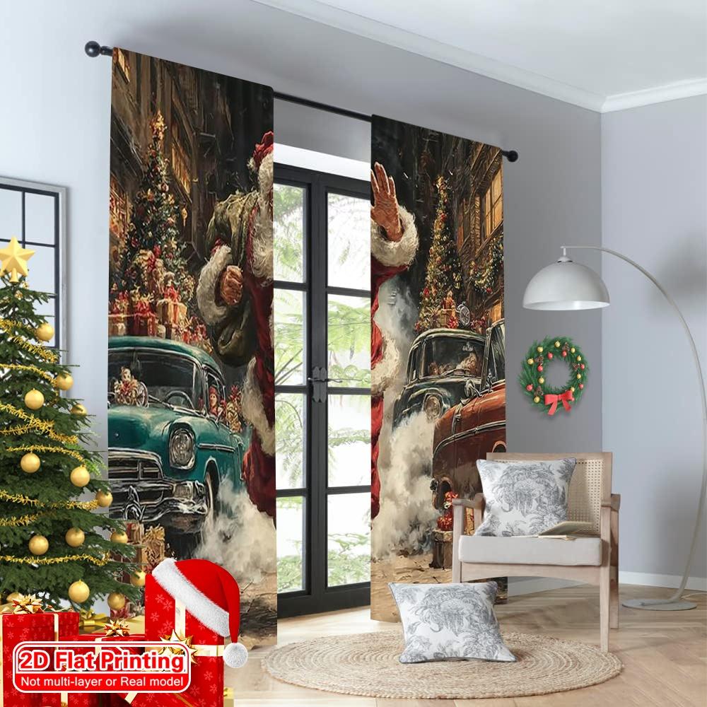 2pcs 2D flat printing Christmas Scene Curtain Santa Claus Car Durable 100% Polyester Fabric Without Electricity Family Party