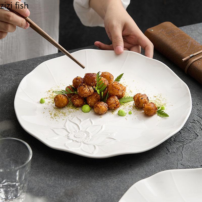 Reinweißer Relief-Lotusteller, Keramik-Steakteller, Pastateller, Sushi-Teller, Restaurant, Molekularküche, kreatives Geschirr