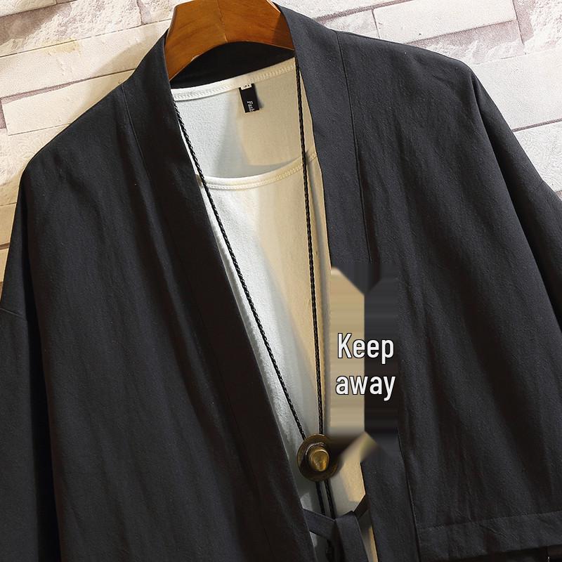 Men's Japanese-Style Hip-Hop Taoist Robe: Summer Embroidered 3/4 Sleeve Loose-Fit Shirt
