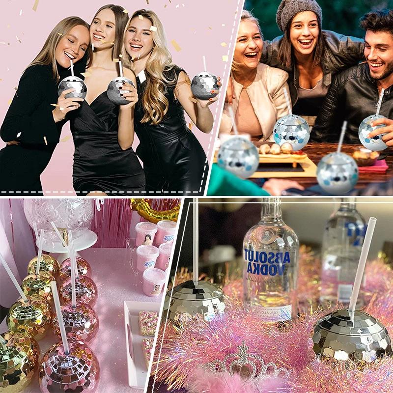 4/6pcs 600ml Disco Ball Cup with Straw Wedding Bridal Shower Bachelorette Party Decor Cocktail Drink Bottle Beach Pool Supplies