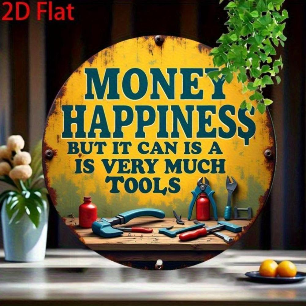 Hisun Tin Sign Vintage Money Happiness Tools Round Tin Sign Retro Workshop Handyman Themed Metal Wall Art Plaque Waterproof Rustic Iron Paint 20x20cm