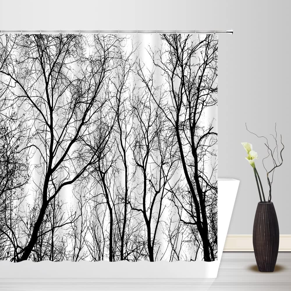 Tonnika Chen Black/White Rustic Tree Shower Curtain Tree Leafless Trunk Abstract Forest Branch Nature Vintage Country Style Bathroom Decor