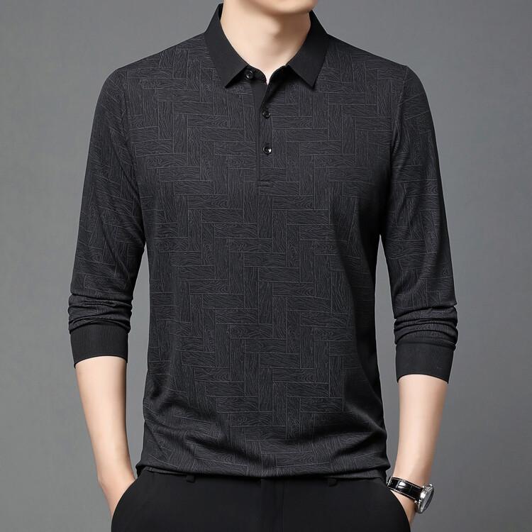 Mens Casual Long Sleeve Printed Plaid Collar Polo Shirt For Middle Aged M чёрный