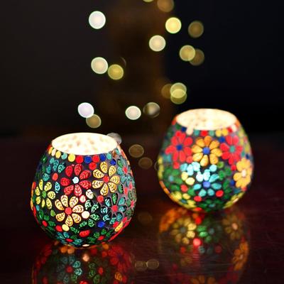 Porta-velas Tealight para decoração de casa, vidro de mosaico, itens de decoração de varanda ao ar livre, decoração de varanda, suporte de vela, flores | Pacote de 2