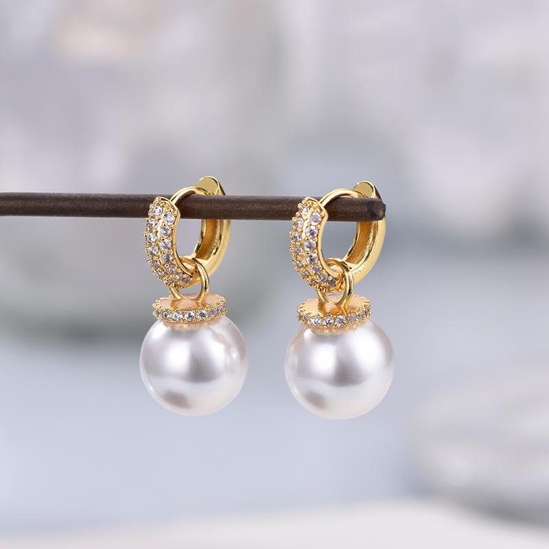 Fahion Round Big Pearl Bead Pendant Drop Hoop Earring For Women Zinconia Ear Buckle Elegant Wedding Banquet Party Jewelry Gift