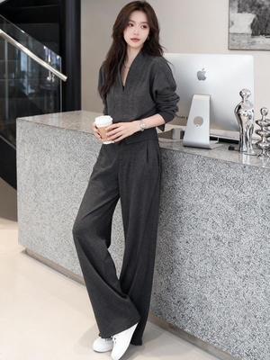 Korean Casual Autumn/Winter 2025 V-neck Velvet Slim-fit Top & Wide-leg Pants Set for Women