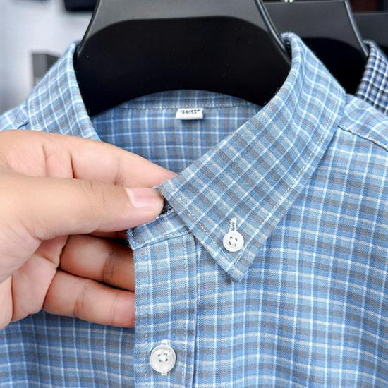 Herr Premium Långärmad Rutig Bomullsskjorta: Nedvikt krage, Vår/Höst Business Casual