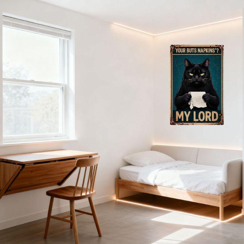 Vintage Rustic Distressed Teal Cat Holding Napkins Metal Sign 'YOUR BUTS NAPKINS' 'MY LORD' with Rusted Border Wall Decor for Ho