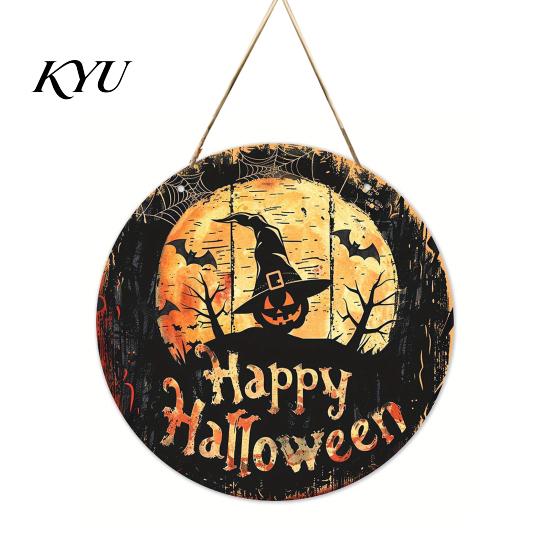 Vintage Witch And Bat Plaque Halloween Wooden Sign, Round Hanging Pendant with Lanyard, Retro Distressed Rustic Wall Decor Wood Skeleton/Pumpkin/Clown