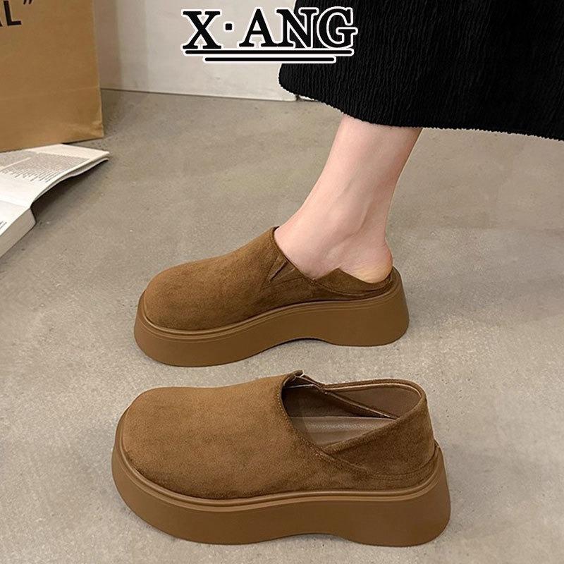 Leather all-inclusive new autumn shoes, women's two wear one pedal, casual single shoes with thick soles