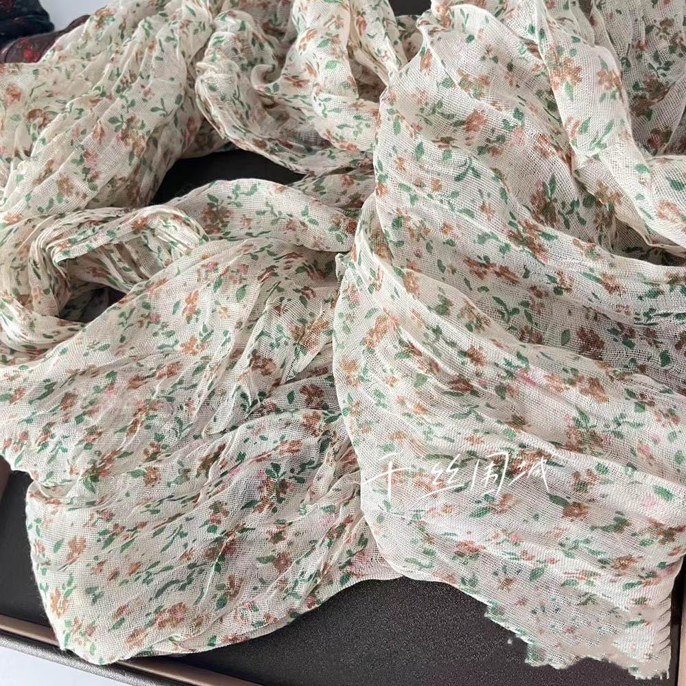 Floral Cotton and Linen Scarf New Korean Version Sunscreen Pleated Thin Retro Floral Printed Shawl Outer