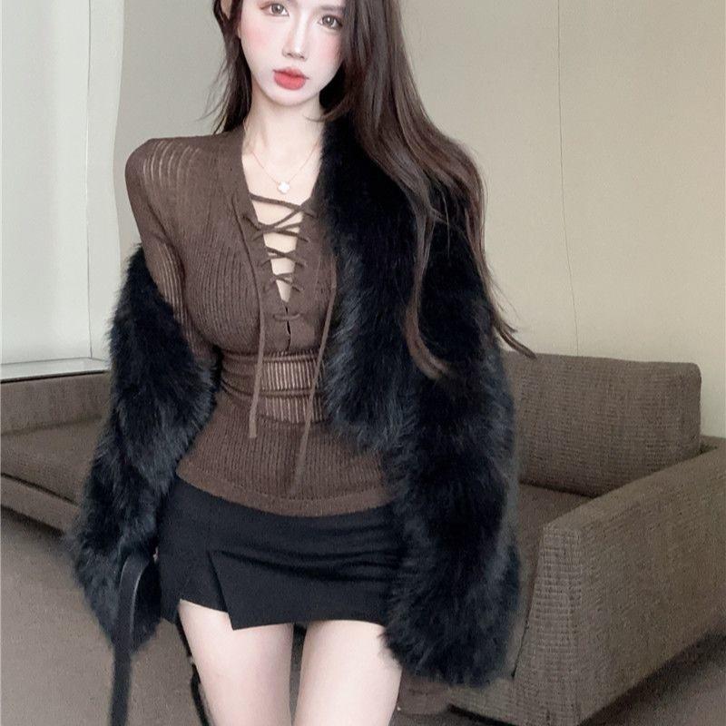 Spicy Girl Top Autumn Women's Wear Caution Machine Sexy V-neck Strap Bottom Long Sleeve Slim Fit Look Knitted Sweater