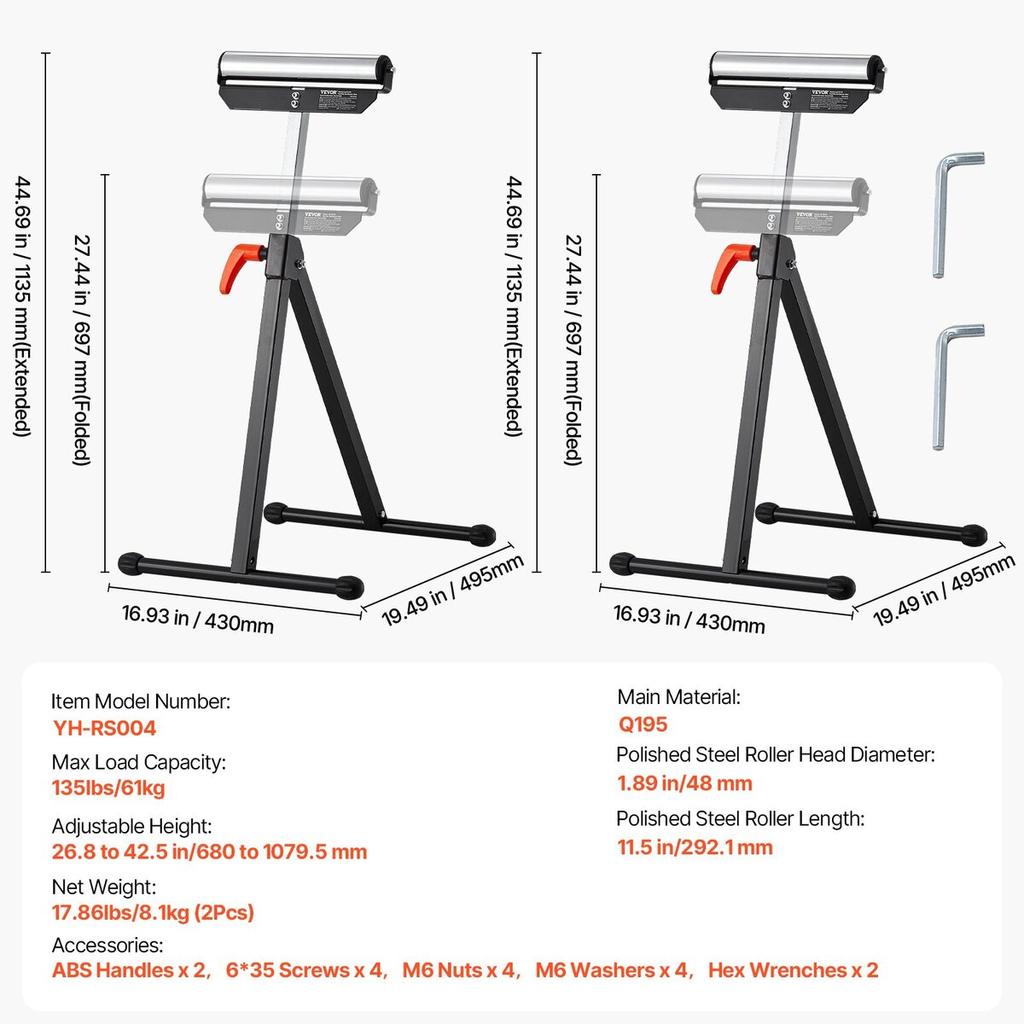 2 PCs Woodworking Roller Stands Max Load 135 lb Adjustable 26.8-42.5 in