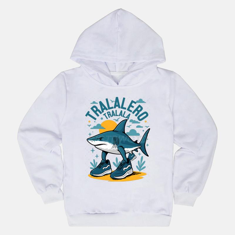 KidsCasual HoodedPullover Sweatshirt,Eye-catching Funny Shark Character Retro Sunset Print,Soft Fabric, Suitable For Kids Daily And Weekend Activities