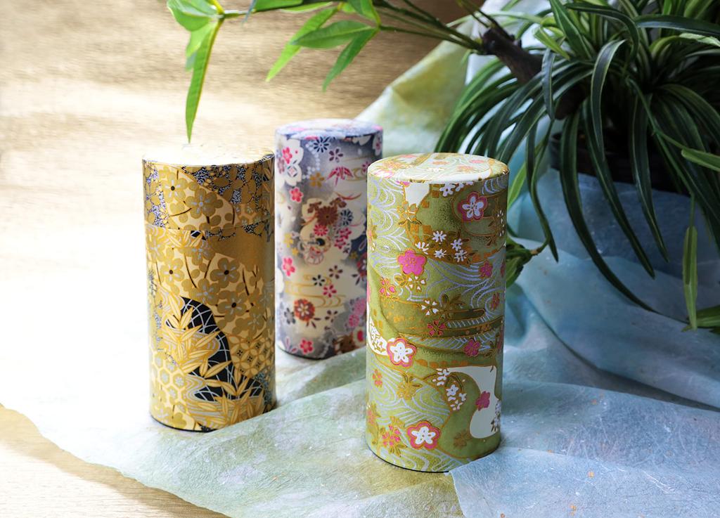 Noguchi Kumataro Tea Garden Tea Caddy, Large Capacity 200g, with Washi Paper and Inner Lid, Shikisai Green, Made In Japan, Stylish