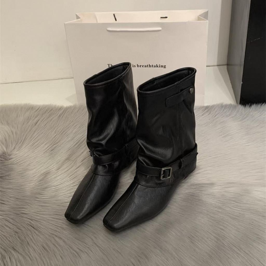 Vintage suede khaki short boots women's boots French boots autumn and winter niche design western pile boots knight boots