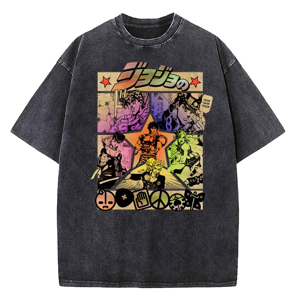 Vintage Washed TShirt Men Summer Streetwear T-shirt JoJo Bizarre Adventure Anime High Quality Cotton Casual Short Sleeve Tshirt