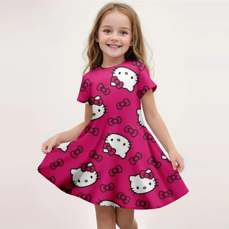Popula Children's New Fashion Kawaii Girl Dress Cartoon Cute Hello Kitty 3D Printed Princess Dress Short Dress