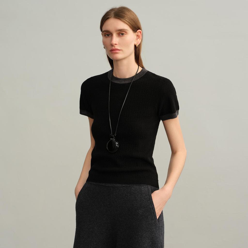 Autumn/Winter Women's Color Block Edge Round Neck Short Sleeve Wool Sweater - Breathable Knitwear Base Layer