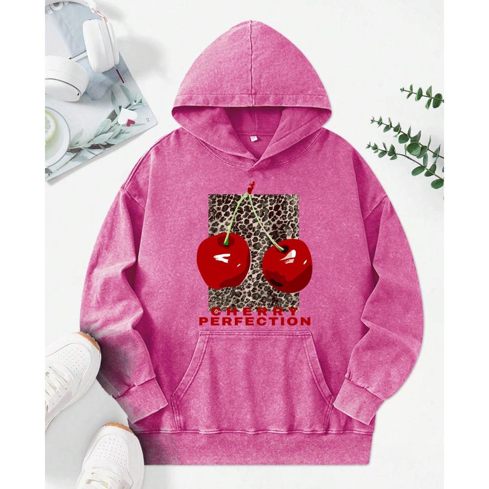 Fashion Leopard And Cherry Perfection Print Women Washed Hoodies Multicolor Hoody Loose Streetwear  Womenwear