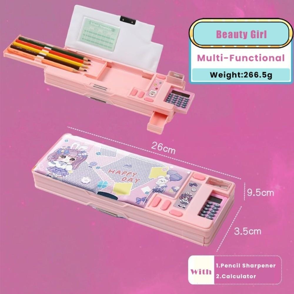 Double Layer Pencil Case With Calculator Pencil Sharpener Stationery Storage Box Plastic Astronaut/Animal Design