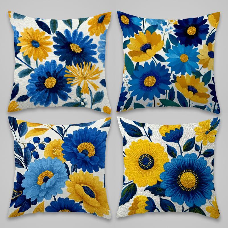 4pcs Set, Blue and Yellow Floral Daisy Print Pillowcases, Fresh Oil Painting Floral Style Home Decor Pillow Covers, Gift for Family, Friends, and Part