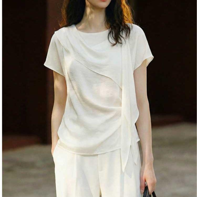 French crew neck short-sleeve T-shirt, summer new style, waist-cinching, minimalist, slimming, ribbon design, small shirt, white top