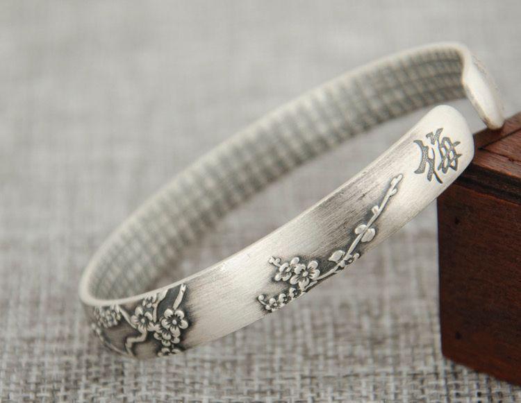 S999 Sterling Silver Retro Matte Plum Blossom Lotus Ginkgo Leaf Openable Women's Bracelet Bangle