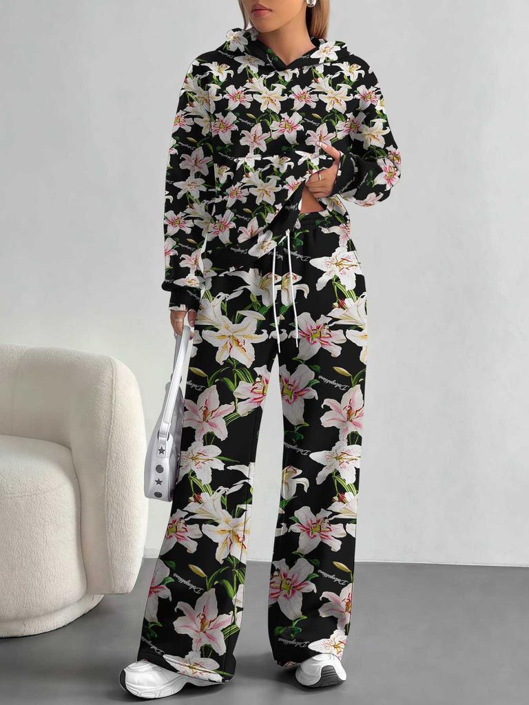 European And American Autumn And Winter Casual Long-Sleeved Suit Women'S Hooded Sweater Trousers Two-Piece Set Retro Elements