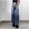 Women Jeans Wide Leg Long Pants Plaid Print Casual Lace Up Elastic Waist Straight Trousers Y2k Streetwear 2025 Mom Denim Pant