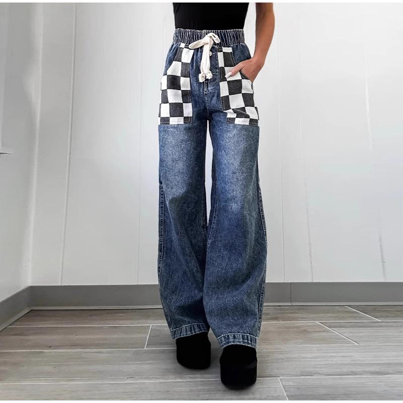 Women Jeans Wide Leg Long Pants Plaid Print Casual Lace Up Elastic Waist Straight Trousers Y2k Streetwear 2025 Mom Denim Pant