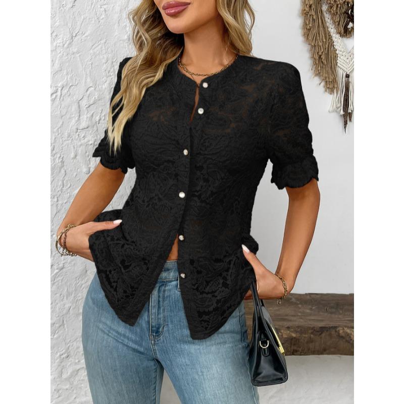 Fashion Lace Shirt Women Spring Summer Short Sleeve See Through Casual Blouse Ladies Button Sweet Tops O Neck Elegant Loose Casual Clothing
